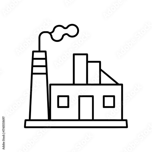 Outline drawing of a factory with smoke from chimney on transparent background