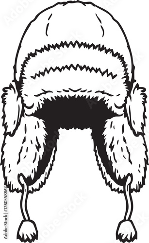 Trapper hat vector—black-and-white illustration of winter headwear with fur trim and pom-poms for fashion and seasonal themes