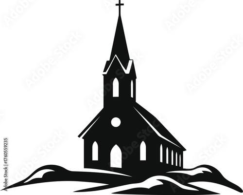Isolated silhouette church building iconic religious architecture steeple cross rural landscape vector vector