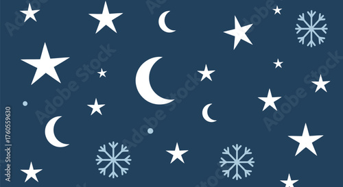 Whimsical hand drawn night sky with stars moon and snowflakes cute celestial pattern vector