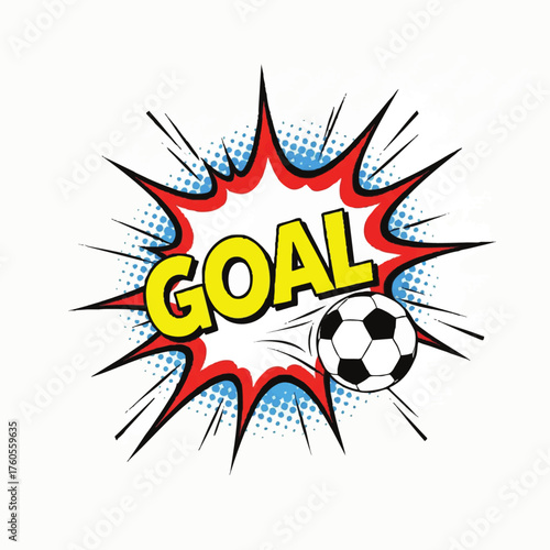 Comic book style speech bubble with the word goal and a soccer ball.