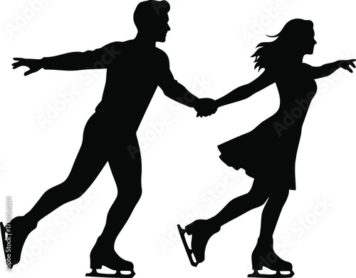 Silhouettes of a couple ice skating gracefully hand in hand during a performance or practice vector