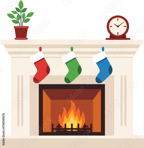 Cozy christmas fireplace with stockings and clock festive winter holiday scene vector