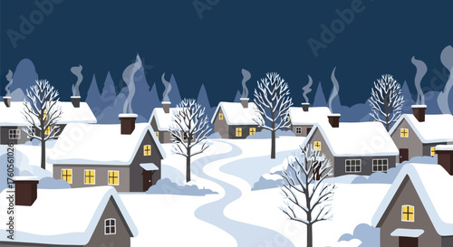 Charming snowy village with glowing windows and festive atmosphere at dusk vector