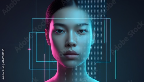 portrait of a person dissolving into virtual light and data grids, AI identity concept, minimalist cyber aesthetic