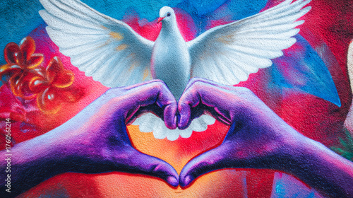 A white dove is held between two hands forming a heart shape, symbolizing peace and love.