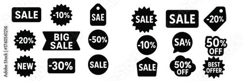 Different sale tags and discount labels illustrating various promotions in black and white