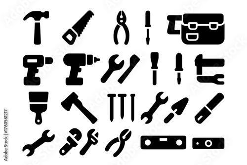 Essential tools for DIY projects and home repairs laid out neatly in black silhouette style on a white background
