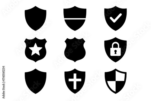 Different shield icons representing various themes such as security, protection, and authority, suitable for digital design and graphics