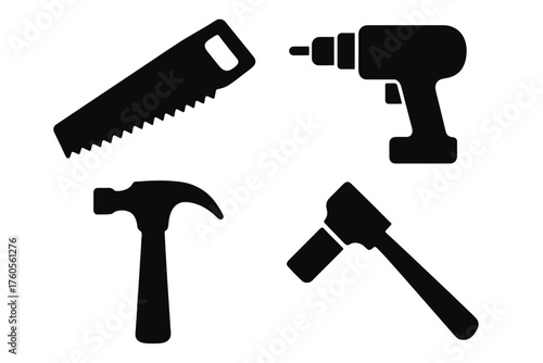 Tools for home improvement including a saw, drill, hammer, and mallet for DIY projects