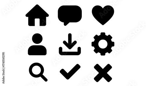 Collection of simple black icons depicting common digital symbols for various actions and features