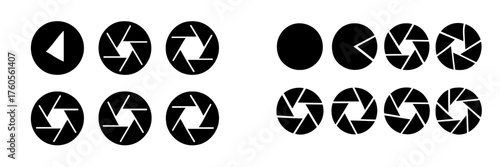 Graphic design featuring various camera aperture symbols in black and white arranged in neat rows on a clean background