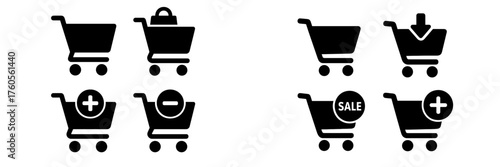 Shopping cart icons in minimalistic design for e-commerce use showing various functions and options for online shopping
