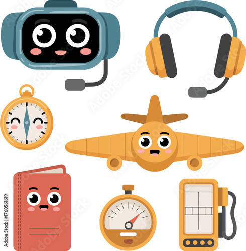 Cute cartoon pilot tools set – smiling flight yoke, headset, compass, altimeter, pilot logbook, airplane wing, fuel gauge, and navigation chart