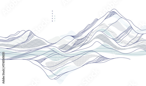 Abstract oriental Japanese art vector background, traditional style design, wavy shapes and mountains terrain landscape, runny like sea lines.