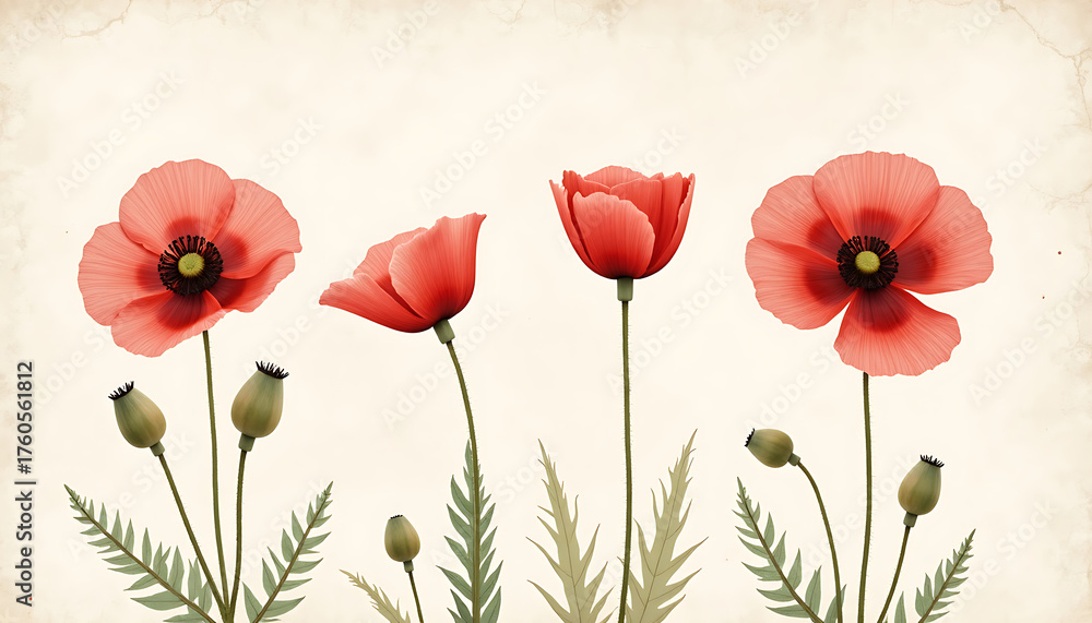 Obraz premium Red Poppy Flower Botanical Illustration on Vintage Background