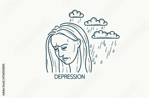 Emotion of depression concept, vector drawing of a woman face displays negativism and sadness, emblem or logo look-like drawing.