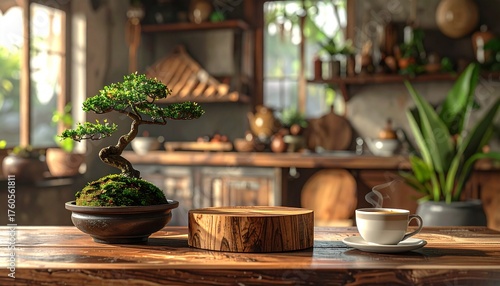 Bonsai serenity Tabletop stillness coffees gentle steam
