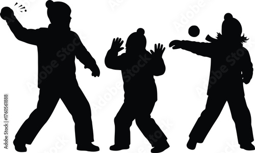 Silhouette of three children having fun throwing snowballs outdoors in winter season vector