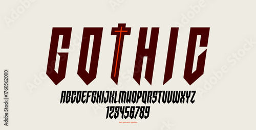 Sharp and bold gothic font for logo creation of for headlines, edgy geometric modern vector typeface, heavy metal and hard rock style alphabet with numbers, italic version.