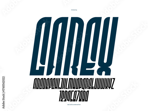  Tall and condensed italic sans serif elegant display font for logos headers or slogans, vector elegant and beautiful geometric typeface, uppercase letters alphabet with numbers.