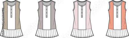 Collection of technical flat sketches featuring a women's sleeveless top with a pleated peplum hem and button placket, shown in multiple color variations
