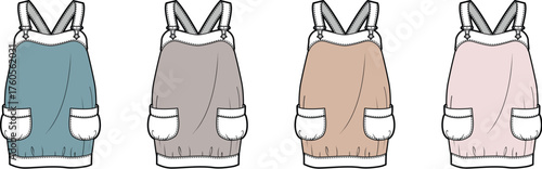 Vector technical flat sketch set of a pinafore jumper dress in four colorways. An apparel design template concept for fashion