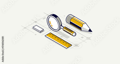 Engineer at work concept, engineering job, paper document blueprint engineering vector 3D isometric illustration, abstract draft drawing, cad technical plan.