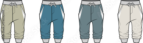 Collection of four stylish jogger pants designs in various colors, presented in a flat illustration style