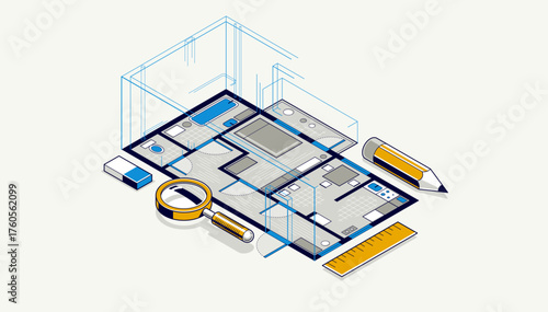 Floorplan implementation drawing with pencil, flat plan residential house or apartment blueprint, 3D isometric vector illustration, interior design project top view.