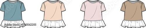 Vector set of children's dress fashion flat sketches. Casual t-shirt top with short raglan sleeves and a gathered frill skirt template in multiple colors