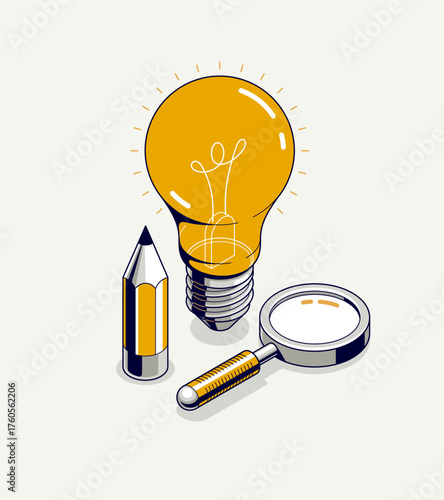 Creative idea concept, light bulb with pencil 3D isometric vector design, engineering project, education and learning, invention and solution concept.