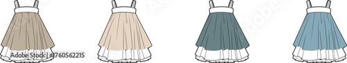 Technical flat sketch illustration of a multi-layered ruffle dress design, showing four stylish color options for apparel manufacturing