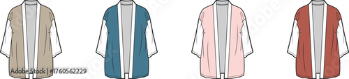 Fashion illustration of women's short-sleeve open-front cardigan. Technical flat sketch template with multiple color variations, ideal for apparel design and collection development projects