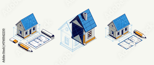 Country or town house project concept set, 3D isometric vector illustration of a small house building project, countryside small house in village or outskirt.