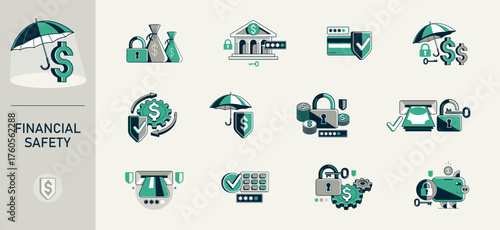 Financial safety vector detailed icons set, secured account and transaction, protected finance money.