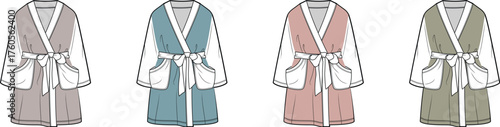Collection of women's loungewear robe fashion illustrations. Technical flat drawing of a belted dressing gown with pockets in multiple color options