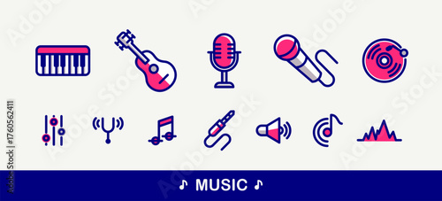 Sound producing and audio engineering vector detailed icons set, music mixing and playing instruments.