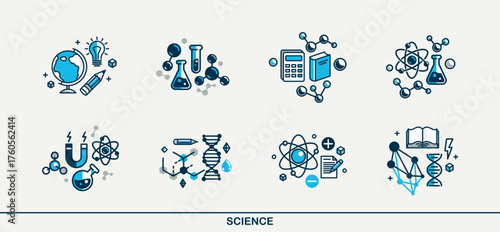 Science vector detailed icons set, molecules and atoms laboratory experiment, book university study, flask and tube experiment.