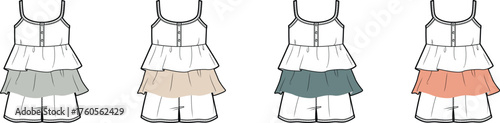 Fashion concept design sketches illustrating a collection of tiered ruffle mini dresses in four distinct color variations, perfect for women's casual summer apparel