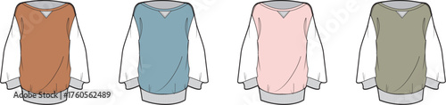 A set of technical flat fashion sketches depicting a layered V-neck sleeveless sweatshirt over a long sleeve top in various colorways