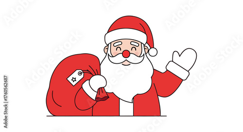 Cheerful cartoon Santa Claus character waving with a big red sack full of gifts. Festive Christmas holiday vector illustration isolated on white