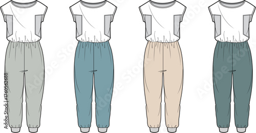 Fashion flat sketches of four stylish women's jumpsuits in various colors and designs