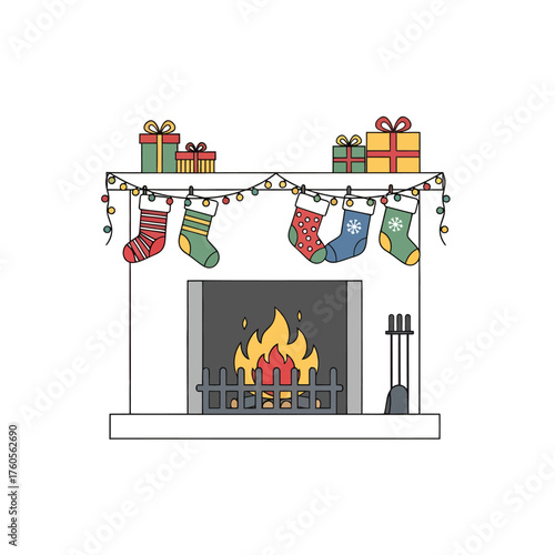 A charming line art illustration of a cozy Christmas fireplace decorated with hanging stockings, gifts, and festive lights