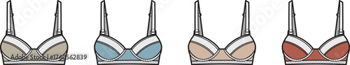 Vector illustration set of women's lingerie bras in multiple color variations for fashion design technical flat sketches