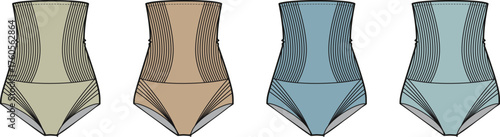 Collection of four sleek and stylish strapless one-piece swimsuits in varying earth and ocean-inspired color palettes, showcasing modern design and versatility for beachwear or poolside fashion