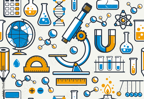 Science seamless background, vector tiling endless repeat pattern of different sciences like chemistry and physics, geography and math, elements easy to use separately as an icons or illustrations.