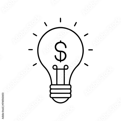 Lightbulb with dollar sign inside and rays around it on transparent background