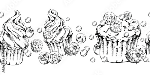 Muffins crowned with berries, cupcakes topped with whipped cream swirls, raspberry and blueberry dragees hand drawn in vector ink. Isolated for seamless tiling, dessert banner borders, baking headers.