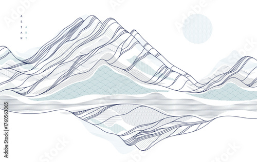 Oriental Japanese style vector abstract illustration, background in Asian traditional style, wavy shapes and mountains terrain, runny like sea lines.